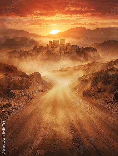 Dirt desert road leading to a ancient city civilization. Vibrant sunset sky. Fictional middle eastern biblical city castle ruins. Arid dry landscape with mountains. Cities such as Jerusalem, Bethlehem