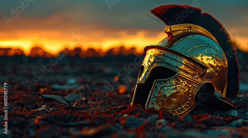 Close-up shot, gold roman helmet on an earth soil ground with a sunset background and slightly orange sky. Isolated, clear simple visual, bokeh, golden hour