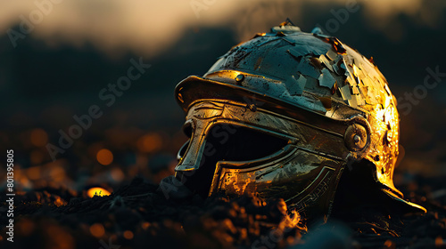 Close-up shot, gold roman helmet on an earth soil ground with a sunset background and slightly orange sky. Isolated, clear simple visual, bokeh, golden hour