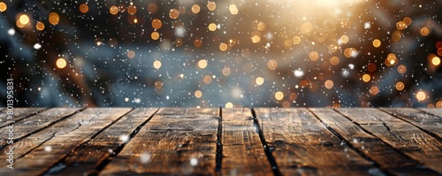 table top with wooden tabletop and christmas lights, in the style of bokeh panorama, light gray and light brown, cabincore, commission for, snow scenes, organic movement, multilayered texture 