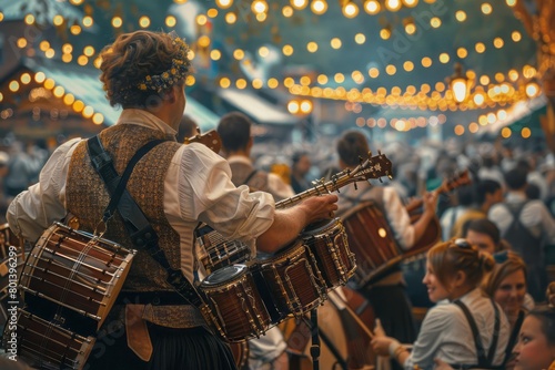 Traditional Bavarian band performing on stage at Oktoberfest, crowd enjoying the music