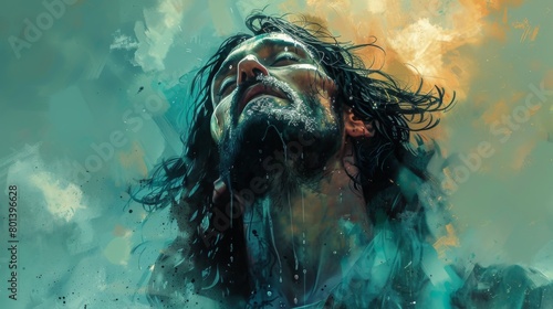 Vector depiction of Jesus Christ in worship, against a soothing teal watercolor background. Room for adding text or additional design elements.