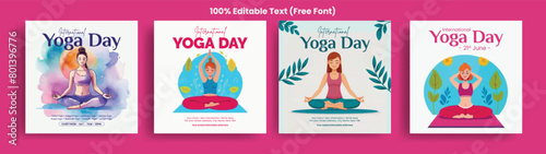 Set of editable Yoga and Meditation social media post and instagram post banner bundle with yoga girl illustration background design suitable for international yoga day promotional web banner pack