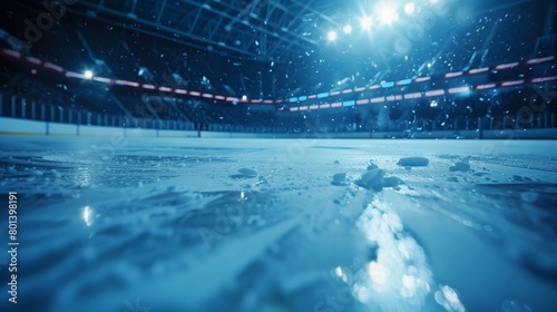 An empty hockey rink illuminated under bright lights with ice shavings and snowflakes in the foreground.