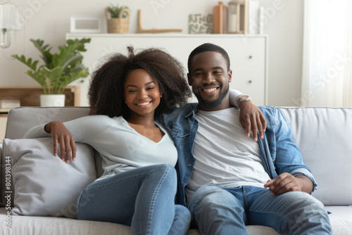  Young African American couple relaxing comfortably on a sofa at home, showcasing a modern and content domestic life.