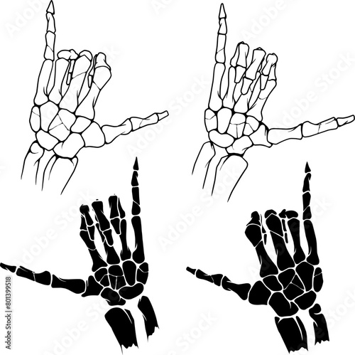 Skeleton shaka hand sign set, call sign hand, illustration hand drawn vector.