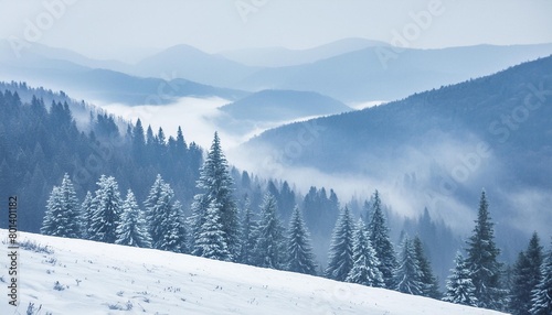 blue landscape of foggy forest winter hill wild nature frozen misty taiga watercolor background
