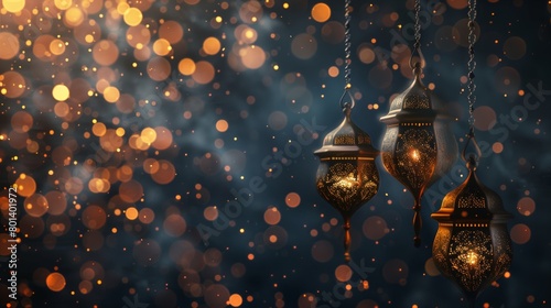 Elegant glowing lanterns hanging against a shimmering bokeh background in warm tones.