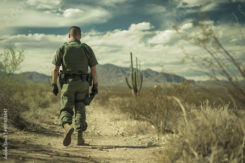 A lone border patrol officer treks through a desolate desert landscape under a muted sky.