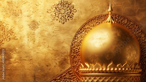 Elegant golden Islamic dome and intricate arabesque patterns on textured background, suitable for religious themes.