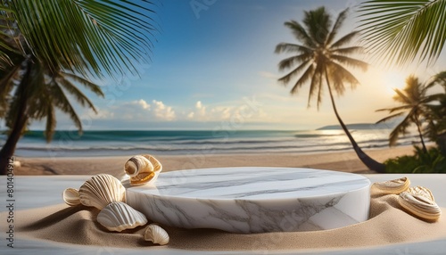 minimal round marble podium aesthetic summer dais 3d podium with a premium summer beach background seaside sand waves shells and coconut trees for product showcase ai generated