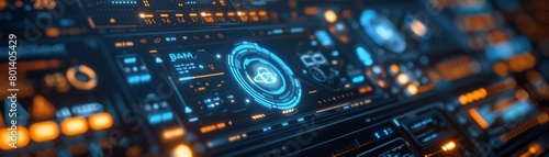 Futuristic spaceship control panel dashboard with glowing blue and orange lights