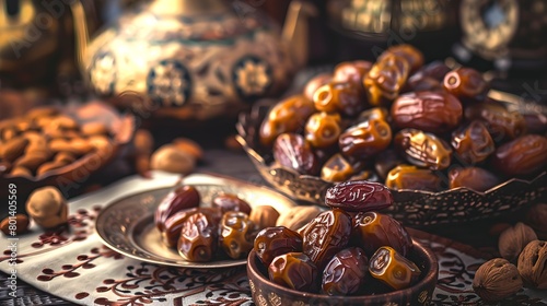 Traditional Middle Eastern Dates and Nuts Display for Ramadan. Rich and Textured Food Photography with a Cultural Theme. Ideal for Culinary Use. AI