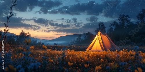 Tent Set Up in Field at Night