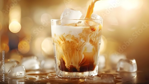 Making a refreshing cold brew coffee: Pouring coffee and milk over ice. Concept Cold Brew Coffee, Iced Coffee, Coffee Recipe, Summer Drink, Homemade Refreshment