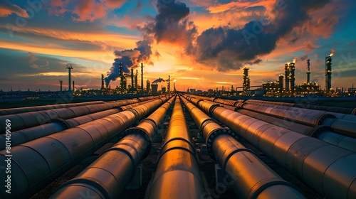Industrial Pipes Leading to a Sunset Horizon at Refinery. Energy Infrastructure and Oil Industry Concept with Vibrant Sky. Environmental Impact and Petrochemical Theme. AI