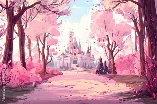 wallpaper illustration of a princess castle, pink castle and pink forest cartoon, pink tree