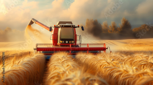 Harvesting Wheat with Modern Combine Harvester..