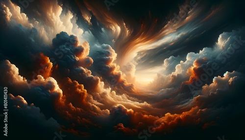 a majestic and intense vortex of clouds illuminated by a golden sunset, creating a dramatic and ethereal skyscape.
