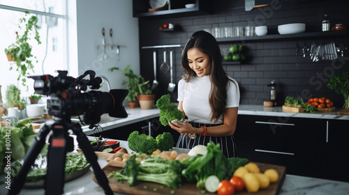 A woman blogger broadcasts live with her subscribers on cooking at home.