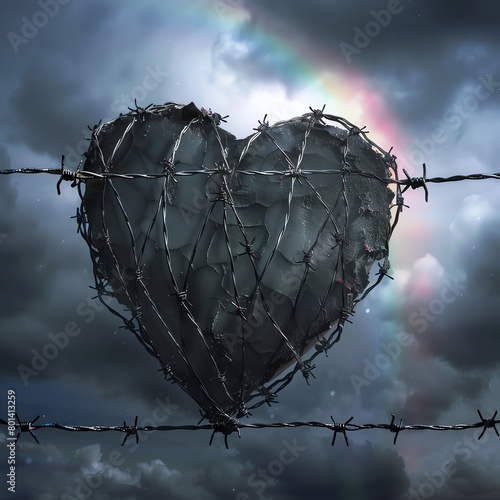 Heart enveloped in barbed wire, ominous clouds and a faint rainbow, high contrast, isolated feel.