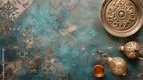 Elegant still life featuring an ornate golden tray, traditional tea glass, and filigree tea infusers on a textured blue and bronze background.