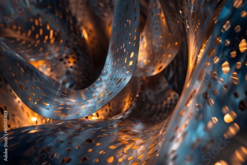 Abstract metal sculpture illuminated by a contained flame, capturing the intricate patterns and textures in an enigmatic and thought-provoking visual experience. Soft focus.