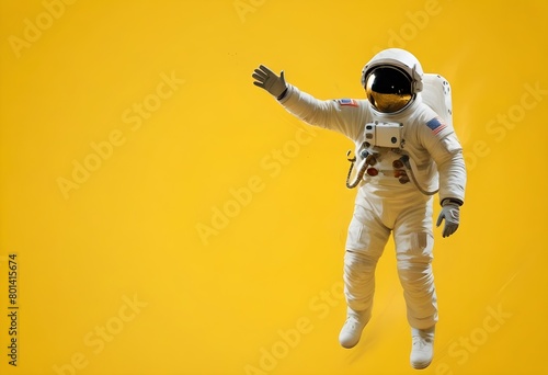 A astronaut in a spacesuit floating in space against a yellow background