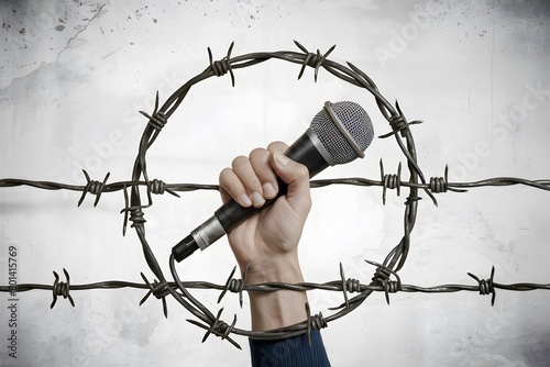 Hand holding barbed wire microphone symbolizes dangers faced in pursuit of free speech