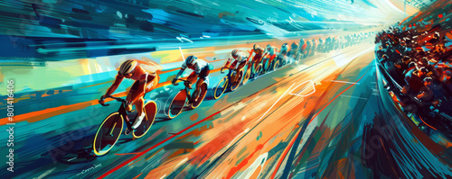 A gripping velodrome cycling race, with cyclists zooming around the track amid the enthusiastic cheers of the crowd.