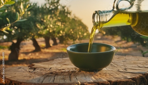 olive oil is poured from a bottle into a bowl