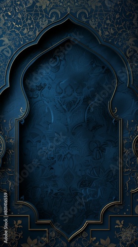 Elegant dark blue vertical banner with ornate golden borders and floral arabesque designs, suitable for festive backgrounds.