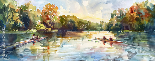 A peaceful watercolor depiction capturing a rowing competition on a tranquil river, where rowers elegantly move through the water amidst a tranquil setting of verdant trees and a vivid blue sky.