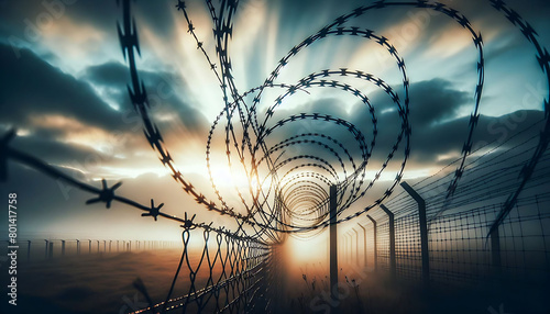 A fence with barbed wire on top of it. The fence is surrounded by a field. The sky is cloudy and the sun is setting