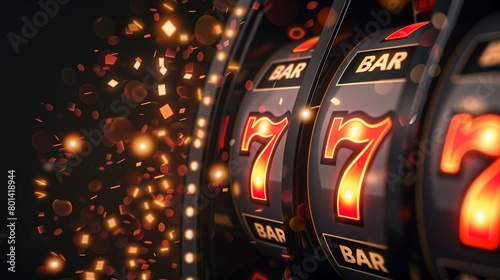 Close-up of a slot machine reels displaying 777 and BAR symbols illuminated by glowing sparks.