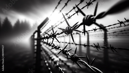 A fence with barbed wire on it. The wire is twisted and bent. The fence is surrounded by trees