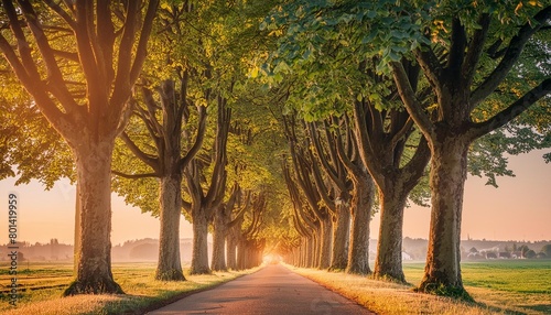 avenue of horse chestnut trees in the warm light of the rising sun