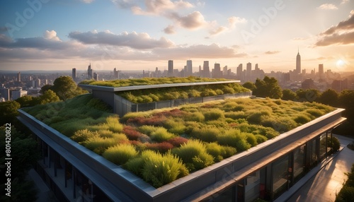 A modern building with a green roof covered in lush vegetation overlooking a city skyline at sunset