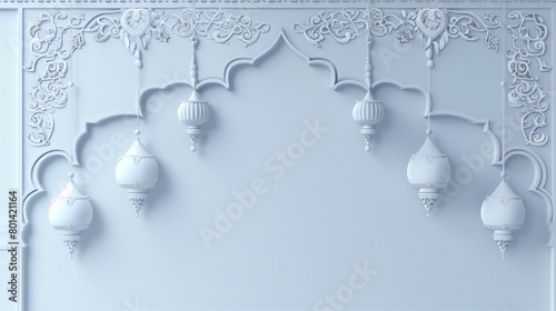 Elegant white embossed wall featuring Islamic-themed decorations and hanging lanterns in a symmetric design.