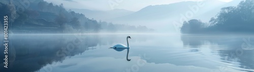 A swan is swimming in a lake with a cloudy sky in the background