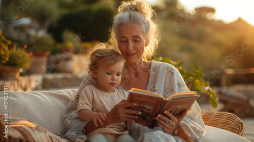 At Sunset: Grandmother Reading a Book or Story to her Toddler Grandchild on her Lap, on the Terrace of their Home overlooking the Costa Brava