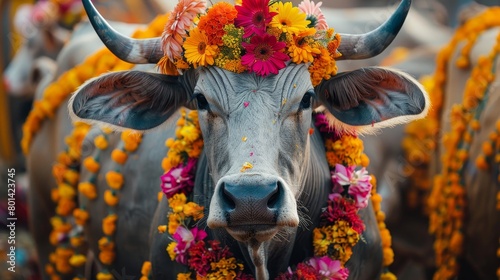 A cow is adorned with flowers and has a flower crown on its head