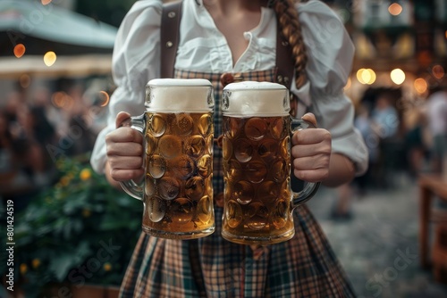 Oktoberfest beer maid carrying steins filled with beer, strength and tradition