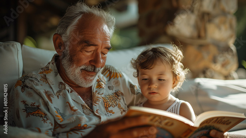 At Sunset: Grandfather Reading a Book or Story to his Toddler Grandchild on her Lap, on the Terrace of their Home overlooking the Costa Brava