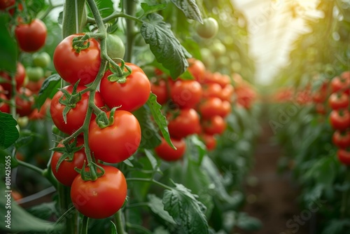 Bumper crop: ripe tomatoes hang abundantly in the greenhouse