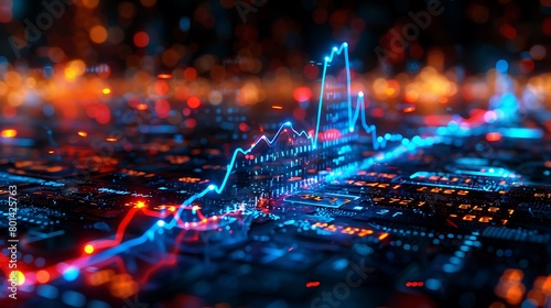 An abstract financial display featuring a blue heartbeat monitor line that escalates into a sharp upward spike, transforming into a digital arrow amidst a sea of stock market numbers