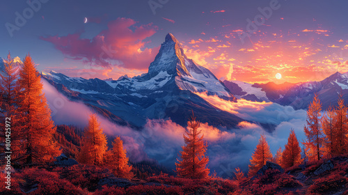  A panoramic view of the Matterhorn mountain in Switzerland, bathed in warm hues as it rises majestically against an orange and pink sky at sunset. Created with Ai