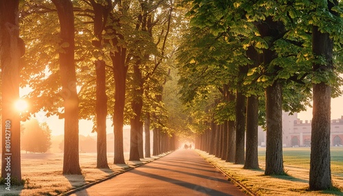 avenue of horse chestnut trees in the warm light of the rising sun