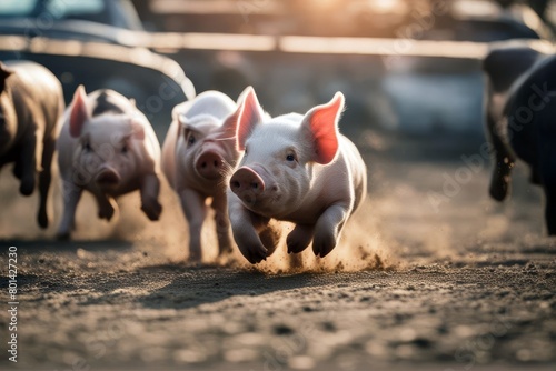 'racing pigs pig race run contest fair amusement animal bandana barnyard colourful competition country county expo farm first hurry racer running rush show sport track succeed'
