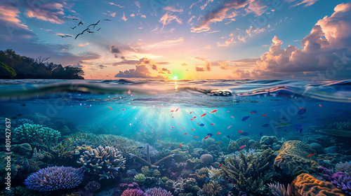 Clear blue underwater with colorful reef below, sunset sky with birds above, warm tones, horizon line view